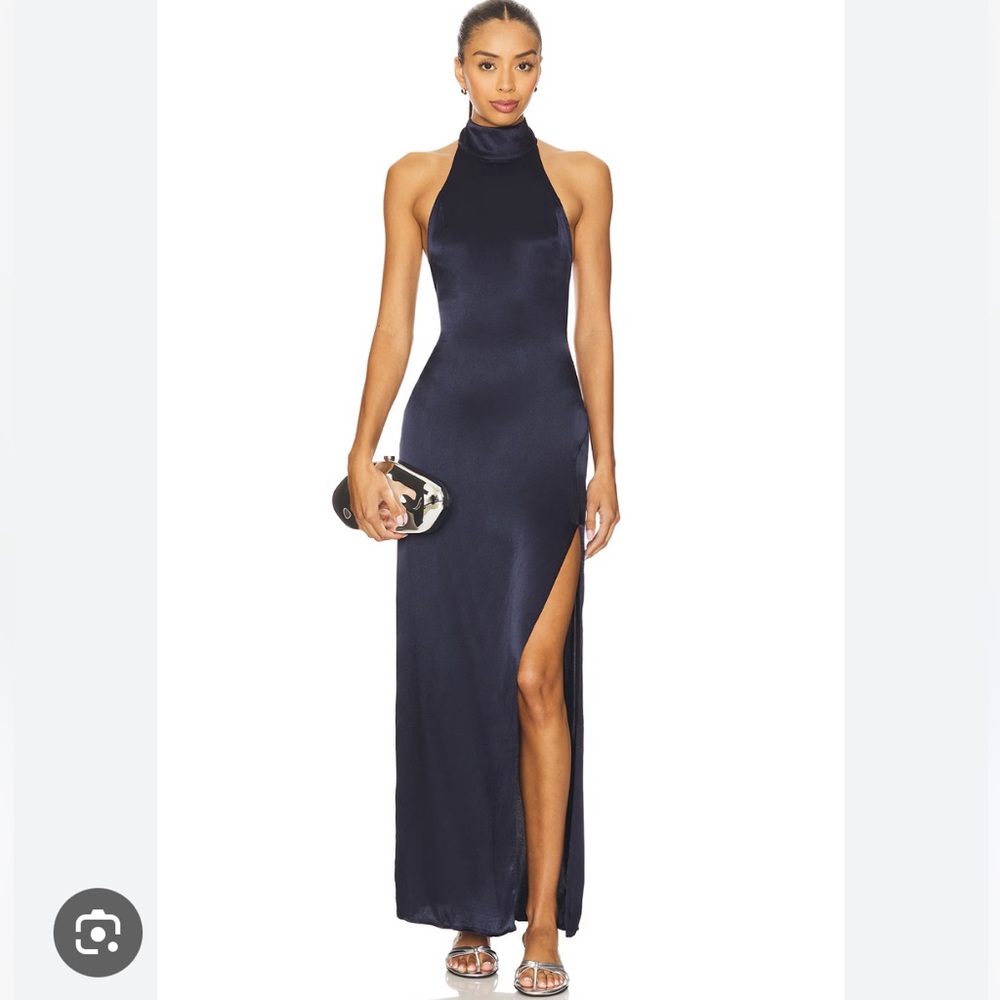 REVOLVE Navy High-Neck Satin Maxi Dress with Side Slit